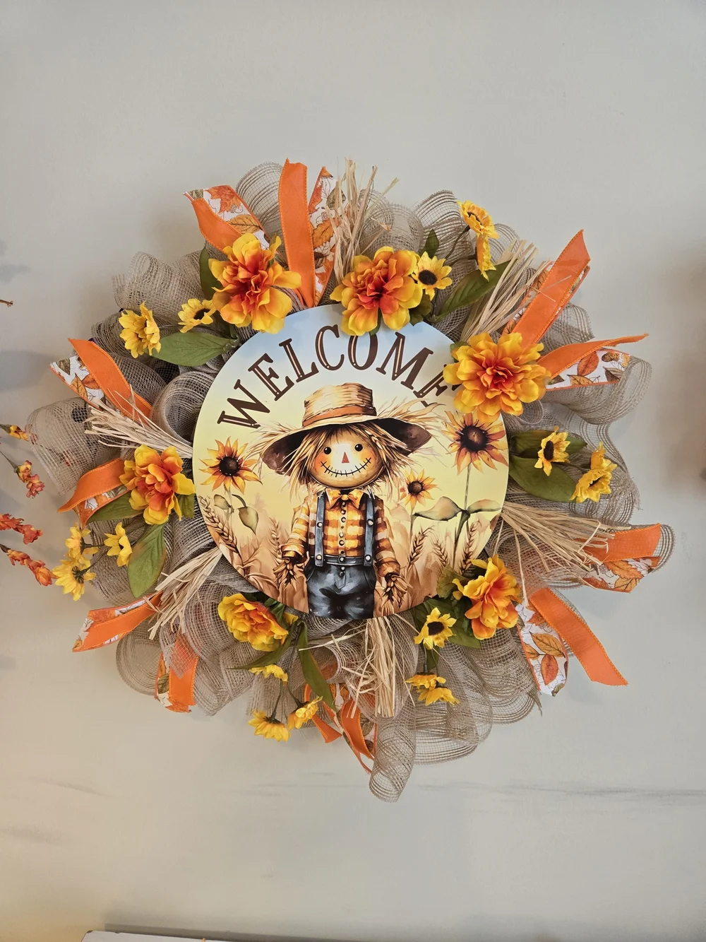 Autumn Welcome Fall Scarecrow Wreath with Orange & Yellow Blooms